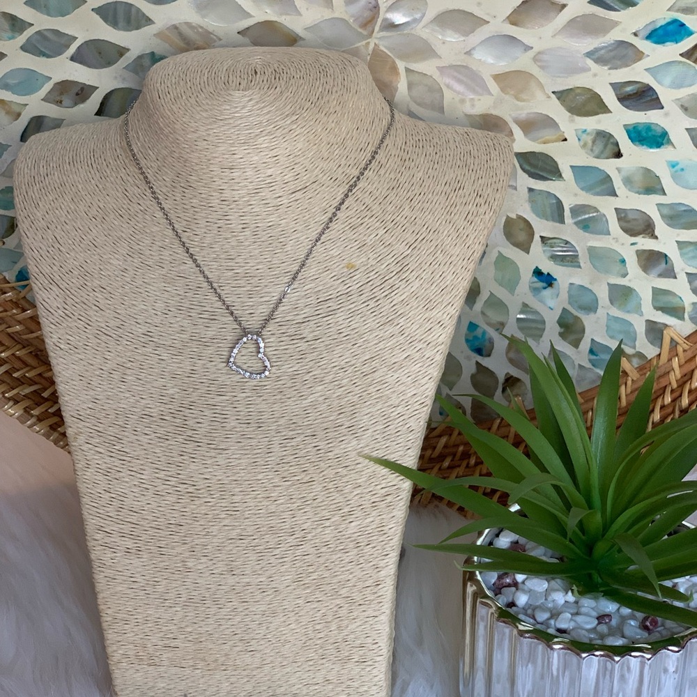 Necklace with Heart Charm with Faux Diamonds, Silver tone